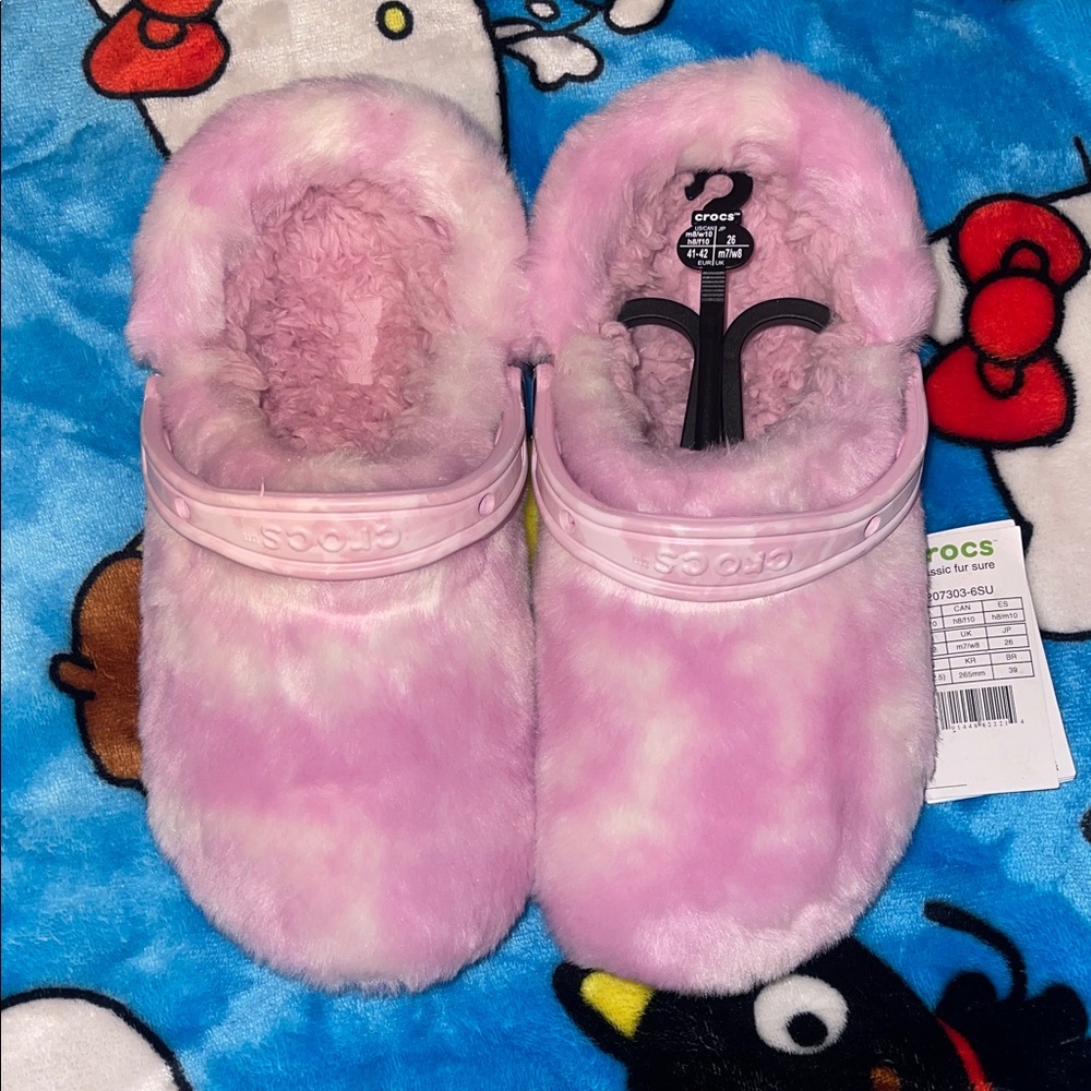 CROCS Pink and White Fuzzy Clogs
